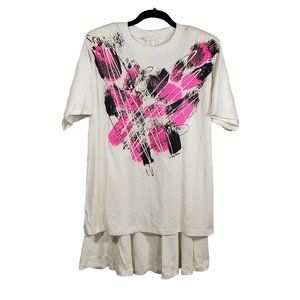 VTG Suzy Phillips 2Pc T-Shirt Skirt Set White Pink Black Abstract Wearable-Art